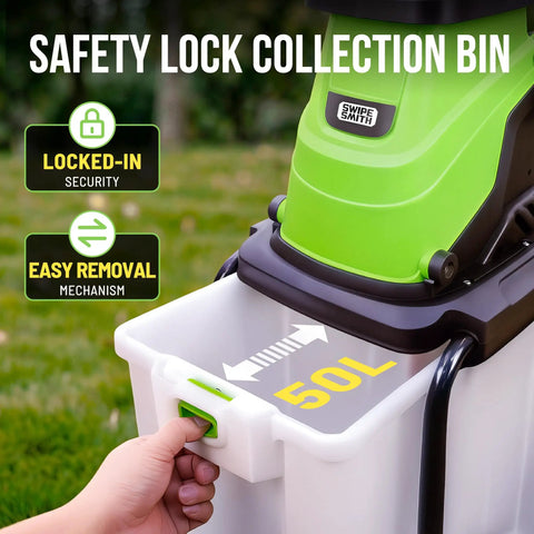 Powerful Electric Wood Chipper Mulcher With 15 Amp Motor 1.8 Inch Cutting Diameter 50L Collection Bag Anti Jam Reduction