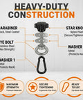 Heavy Duty components of Badass Universal Gym Rack Anchor Bolts And Heavy Duty Adapters showing carabiner, washers, and eye bolt.