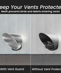 Comparison of 4 Inch Heavy Duty Workhorse Galvanized Steel Duct End Cap With Mesh next to unprotected vent with debris
