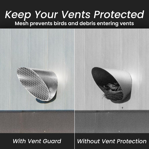Comparison of 4 Inch Heavy Duty Workhorse Galvanized Steel Duct End Cap With Mesh next to unprotected vent with debris
