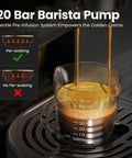 20 Bar Espresso Machine With Steam Wand, Compact Stainless Steel Coffee Maker extracting a rich crema into a glass cup.