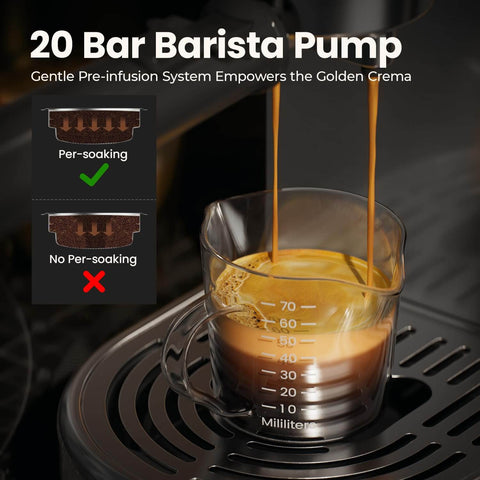 20 Bar Espresso Machine With Steam Wand, Compact Stainless Steel Coffee Maker extracting a rich crema into a glass cup.