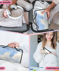 Aircraft Pattern Roll Up Cosmetic Bag with Four Removable Storage Pouches Waterproof Foldable Travel Toiletry Organizer For Women Hanging Makeup Case Travel Must Have Keeps Cosmetics Neat And Tangle Free shown packed in a suitcase, handheld, and individual pouches in use.
