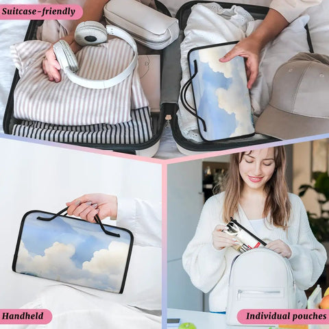 Aircraft Pattern Roll Up Cosmetic Bag with Four Removable Storage Pouches Waterproof Foldable Travel Toiletry Organizer For Women Hanging Makeup Case Travel Must Have Keeps Cosmetics Neat And Tangle Free shown packed in a suitcase, handheld, and individual pouches in use.