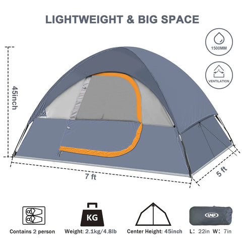 Ultra Lightweight 2 Person Camping Tent With Rainfly, waterproof and windproof, 7ft dome shelter shown with dimensions and features.