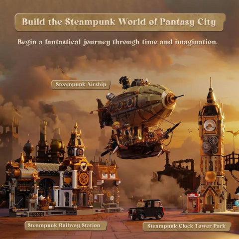 Steampunk Airship Model Kit For Grownups Dual Layer Zeppelin With Gear Driven Mechanical System in Fantasy City Diorama