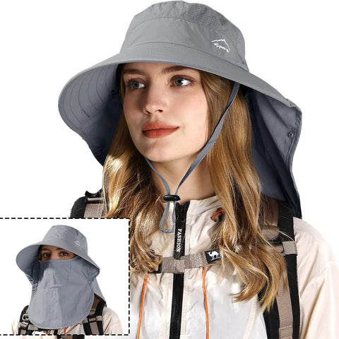 Person wearing Sun Hat With Neck Flap And Detachable Face Cover, Wide Brim UPF 50 Plus Fishing Hat For Men And Women, in gray.