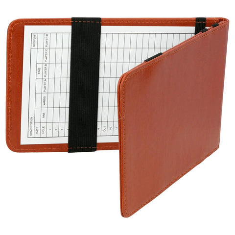 PU Leather Golf Scorecard Holder With Two Score Cards Yardage Book Cover Elastic Band Brown 7.08 x 4.33 Inches Open View