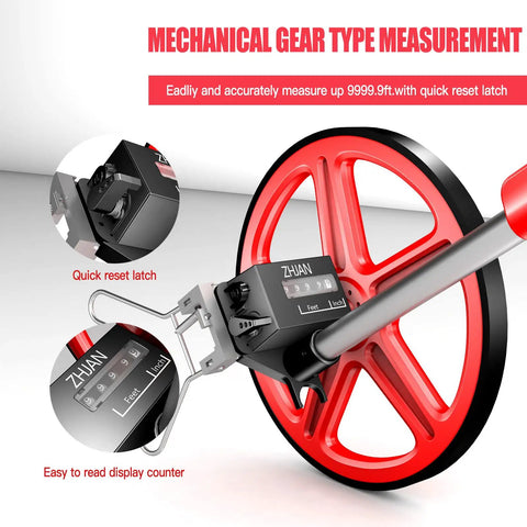 Close-up of a red distance measuring wheel showcasing mechanical gear type measurement and quick reset latch features.