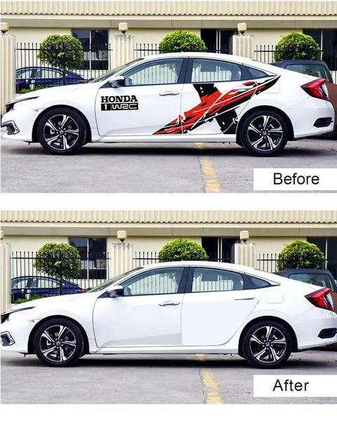 Car before and after using Decal Remover Eraser Wheel 2-Pack With Drill Adapter Kit For Car Emblems, Pinstripes, Graphics, Vinyl Decals