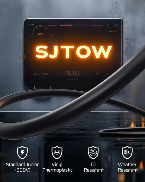 Heavy Duty 50 Foot Retractable Extension Cord Reel Rock Solid Sjtow Cables close-up of SJTOw label with temperature display and durability icons.