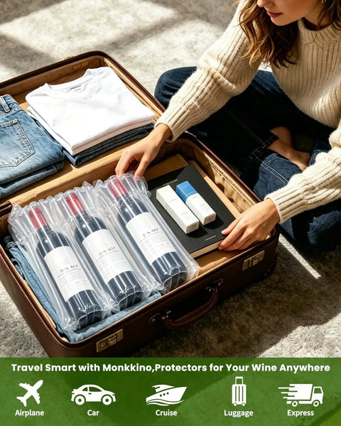 Person packing suitcase with Wine Travel Protector Bags With Quick Inflation Sleeve And Bubble Wrap Bottle Cushioning Upgraded Air Pump