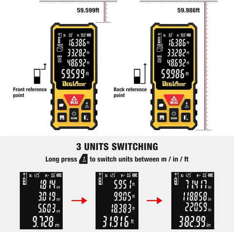 Long Range Laser Measure Tool With Dual Angle Display And Pythagorean Mode 328 Feet Laser Distance Meter for front and back reference points