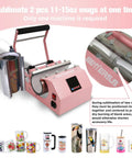 3-In-1 Tumbler Heat Press Machine For 16 Oz To 40 Oz Tumblers And 11 Oz To 15 Oz Mugs Pink DIY Cup Press With attachments shown.