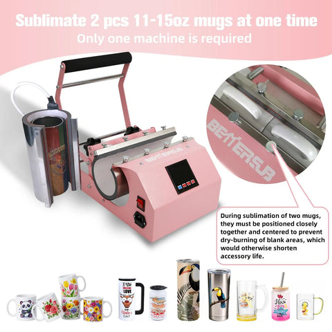 3-In-1 Tumbler Heat Press Machine For 16 Oz To 40 Oz Tumblers And 11 Oz To 15 Oz Mugs Pink DIY Cup Press With attachments shown.