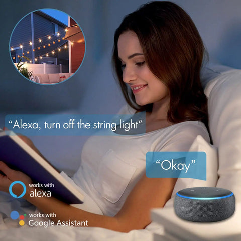 Woman controlling Smart Outdoor String Lights 48 Feet With 16 Shatterproof LED Bulbs via Alexa in bedroom scene