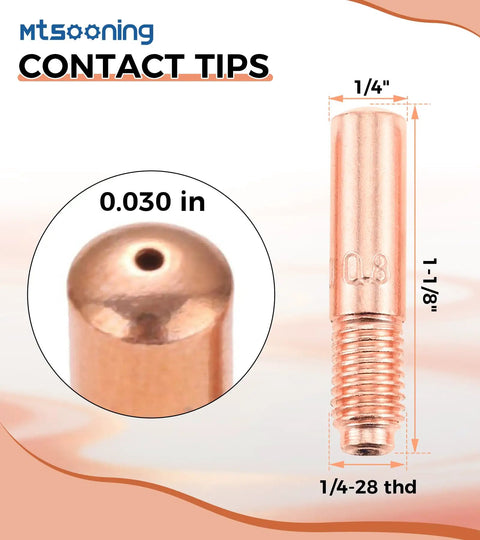 Premium 28 Piece .030 Inch Mig Welding Gun Consumables Kit contact tip showing 0.030 inch size and 1/4-28 thread.
