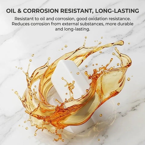 No-Sweat Heavy Duty Waterproof Sealant Mastic For Home Repairs splashing in oil, showcasing oil and corrosion resistance.