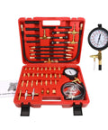 Pro Fuel Injection Pressure Tester Kit with 0 to 140 PSI gauge and includes 9.49, 7.89, 6.30 fuel line fittings in a red case