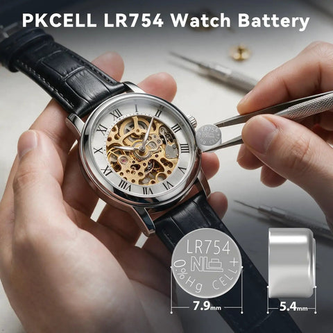20 Pack Lr754 Ag5 Button Cell Batteries 1.5v Alkaline Power For Watches And Calculators Straight Up Reliable Clean Operation Heavy Duty And Ready To Run with watch and battery in hand.