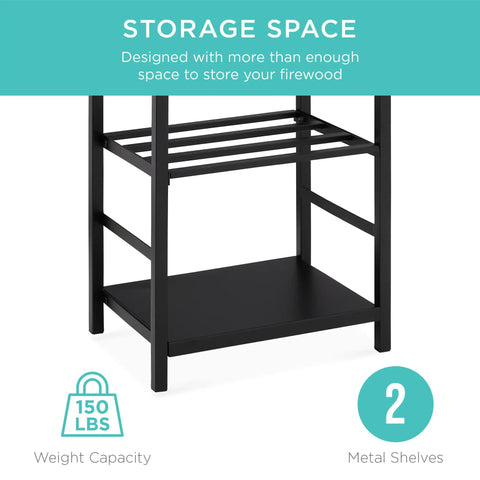 Close-up of shelves on Five Piece Wrought Iron Firewood Storage Rack With All In One Tool Set For Indoor Outdoor Use Ready To Roll