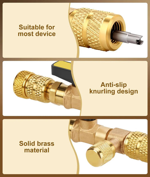 HVAC Valve Core Removal Tool Kit For Home Refrigeration, Includes 10 Valve Cores, 5 Brass Nuts, And 2 Brass Adapters For R410 R32 R22 R12 R407 R404 R600 Systems, Dual SAE 1/4 And 5/16 Ports, Great DIY Tinkering Upgrade, brass knurled fitting