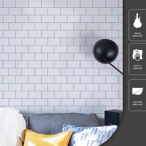Premium Peel And Stick Tile Backsplash Kit, 12 By 12 Inch Tiles, 10 Pack for Kitchen Walls, Bright White, installed behind sofa