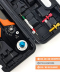 Top Notch IWISS Diesel Grade Deutsch Crimper For Heavy Duty 12 To 26 AWG Wiring shown with pin locators and go/no go gauge tool.