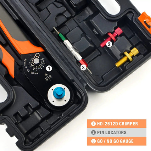Top Notch IWISS Diesel Grade Deutsch Crimper For Heavy Duty 12 To 26 AWG Wiring shown with pin locators and go/no go gauge tool.