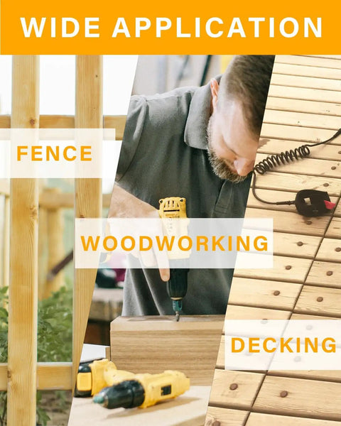 Wide application of Heavy Duty Ten By Five Inch Exterior Deck Screws In Tan Coated Carbon Steel for fencing, woodworking, and decking.