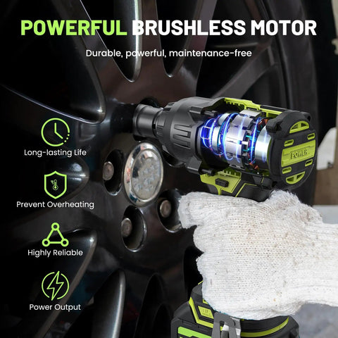 Heavy Duty Cordless Impact Wrench Delivers 1000 Nm Torque And 738 ft-lbs For Fast Tire Swaps, showing brushless motor and socket use.