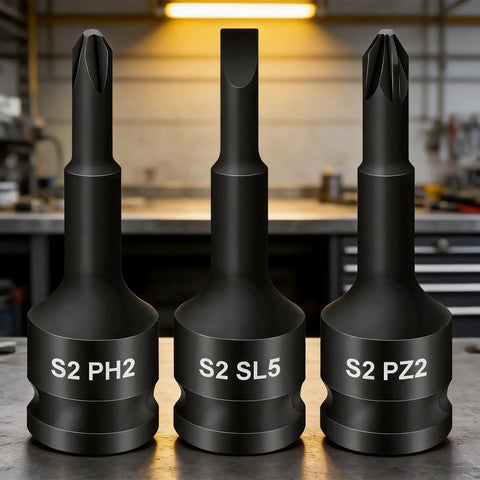 Heavy Duty Integrated Screw Tip Socket Kit With 3/8 Square Drive Featuring Chrome Steel Bodies And Versatile Bits For Home Repairs, DIY Projects And Routine Mechanical Care Services To Tackle Any Job With Ease. Three 3/8 drive PH2 SL5 PZ2 bits