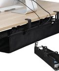 Under Desk Cable Management Tray Clamp On Wire Organizer in black fabric, 28 inch, installed under workspace for cord organization