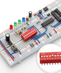 Red Dip Switch Kit For Breadboards, 2.54mm PCB Mount On Off Toggle Switches, double row with 9 positions on breadboard.