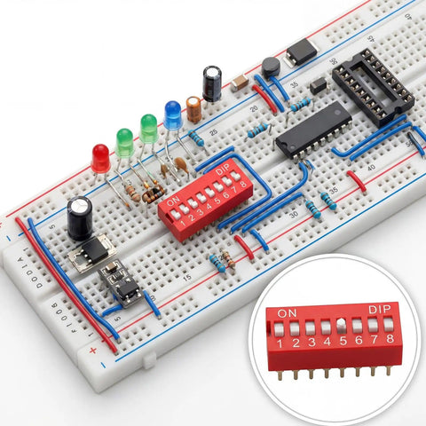 Red Dip Switch Kit For Breadboards, 2.54mm PCB Mount On Off Toggle Switches, double row with 9 positions on breadboard.