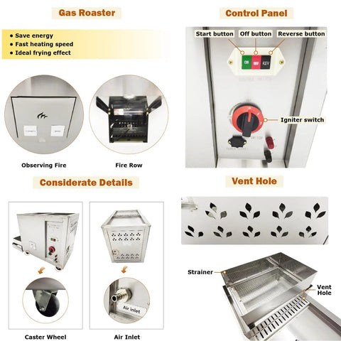 Control panel details of Heavy Duty Commercial Gas Coffee Roaster For Beans Nuts And Seeds Featuring Precise Temperature Control.