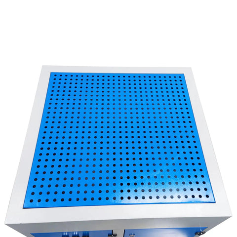 Top view of Badass Heavy Duty Metalworking Downdraft Table Featuring Industrial Dust Collector Vacuum System and Workshop Grade Welding Workbench.