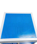 Boss Grade Metal Workbench With Built In Downdraft Suction Table surface view, blue perforated sheet for efficient fume extraction.
