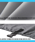 Heavy Duty Boat Cover For Triumph V15 Cool 2002 Model, close-up of 600 denier marine canvas with elastic hem and buckle strap