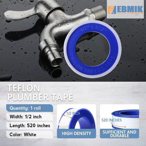 Heavy Duty PTFE Plumbers Tape For Sealing Threads On Water Pipes And Shower Heads One Roll Thick High Density 1/2 Inch Wide By 520 Inches Long Premium Thread Sealant To Prevent Leaks And Improve Plumbing Performance and faucet.