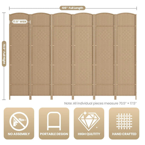 Illustration of Six Panel Room Divider 6 Ft Folding Privacy Screen Tall And Extra Wide Foldable Panel Partition Wall with features.