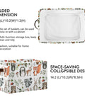 Large Foldable Storage Bin Basket With Easy Grab Reinforced Cotton Rope Handle Collapsible Fabric Laundry Hamper Rectangle Bin For Clothes And Toys Cute Woodland Animals Pattern Ideal For Bedroom Closet Laundry Room And Dorm, shown folded and expanded with dimensions