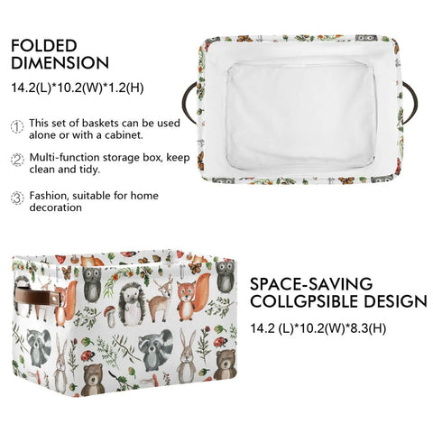 Large Foldable Storage Bin Basket With Easy Grab Reinforced Cotton Rope Handle Collapsible Fabric Laundry Hamper Rectangle Bin For Clothes And Toys Cute Woodland Animals Pattern Ideal For Bedroom Closet Laundry Room And Dorm, shown folded and expanded with dimensions