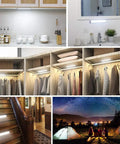 Lit 54 LED Under Cabinet Lights USB Rechargeable Kitchen Night Light Motion Activated Battery Operated Closet Pantry Lighting Sleek Aluminum 2 Pack Warm White in various settings including kitchen, closet, stairs, and outdoor camping