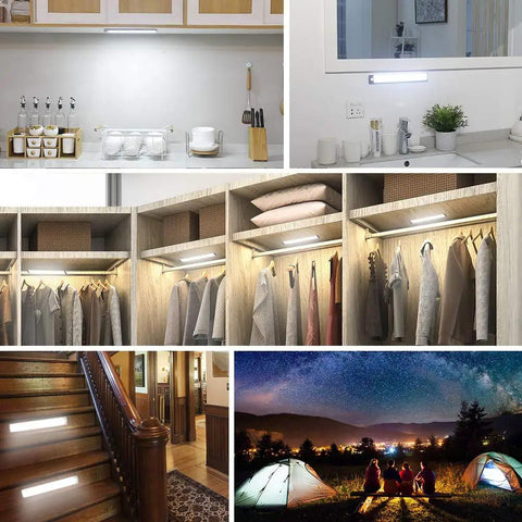 Lit 54 LED Under Cabinet Lights USB Rechargeable Kitchen Night Light Motion Activated Battery Operated Closet Pantry Lighting Sleek Aluminum 2 Pack Warm White in various settings including kitchen, closet, stairs, and outdoor camping