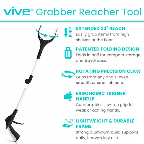 32 Inch Folding Reacher Tool With Rotating Jaw And Sensitive Trigger Grip, Heavy Duty Grabber For Seniors And Mobility Aid, Extra Reach Extender Claw To Grab Dropped Items Behind Furniture Or High Shelves