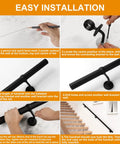 Rock Solid Steel Staircase Handrail Six And A Half Feet Long No Sweat Wall Mount Indoor Safety Railing With Grippy Matte Black Coating installation steps graphic.