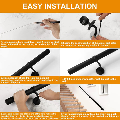 Rock Solid Steel Staircase Handrail Six And A Half Feet Long No Sweat Wall Mount Indoor Safety Railing With Grippy Matte Black Coating installation steps graphic.
