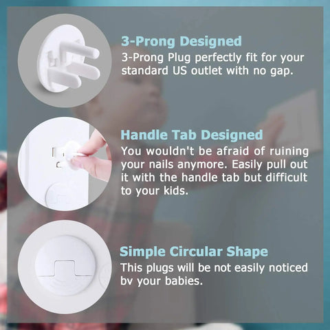 Baby Proofing Outlet Covers 52 Pack White Plug Covers shown with 3-prong and handle tab design for child safety.