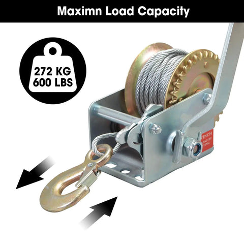 Beefy Manual Hand Crank Winch, 600 Lb Capacity, 26.3 Ft Steel Cable, Rugged Portable Tool for Trailers and Off Road Work, Carbon Steel With Zinc Plated Finish, 600 lbs